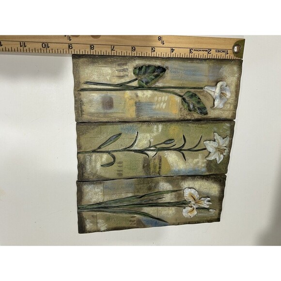 Vintage Set Of 3 Signed by S. Vassileva Relief Ceramic Flower Wall Art - 9" x 4” - Picture 8 of 9